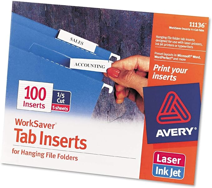 Avery : Laser/Inkjet Inserts for Hanging File Folders, 1/5 Tab, 2in, White, 100/Pack -:- Sold as 2 Packs of - 100 - / - Total of 200 Each