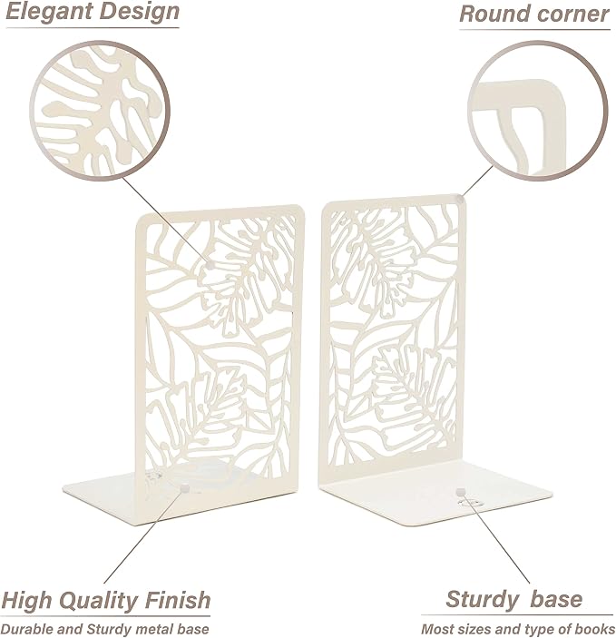 CNK Premium BookEnds for Heavy Books - Metal Book Stoppers for Book Shelves - Decorative Home Office Book Holders (Tropical White)