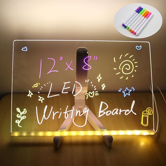 LED Note Board with Colors, Acrylic Dry Erase Board with Light and Stand, Glow Memo Letter Board Note Glass Led White Board with 7 Pen for Office School Home