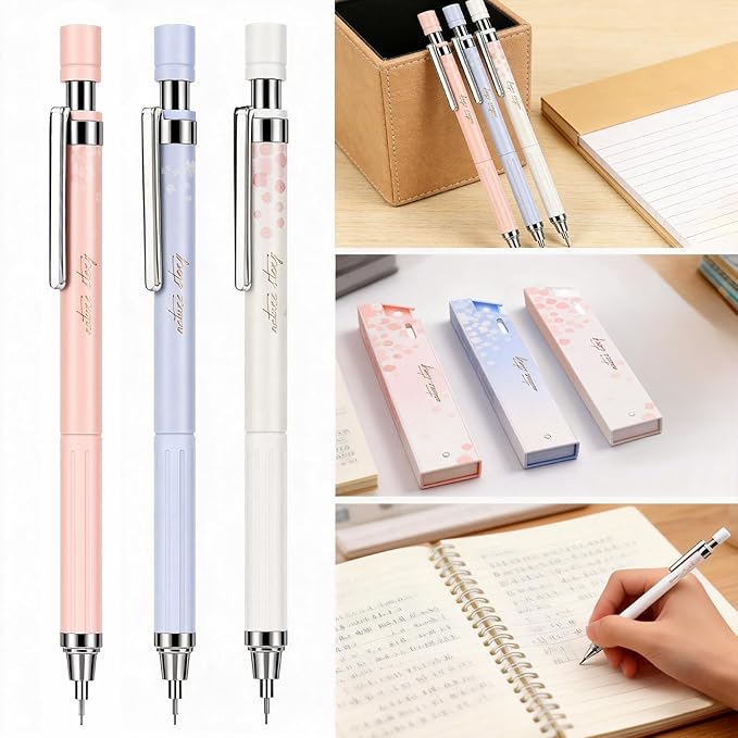 Cute Coquette Cherry Blossom Mechanical Pencils Set Include 3 Kawaii Mechanical Pencils,3 Tubes Mechanical Pencil Lead Refills,0.5mm Aesthetic Mechanical Pencil for School Office Writing Draft Drawing
