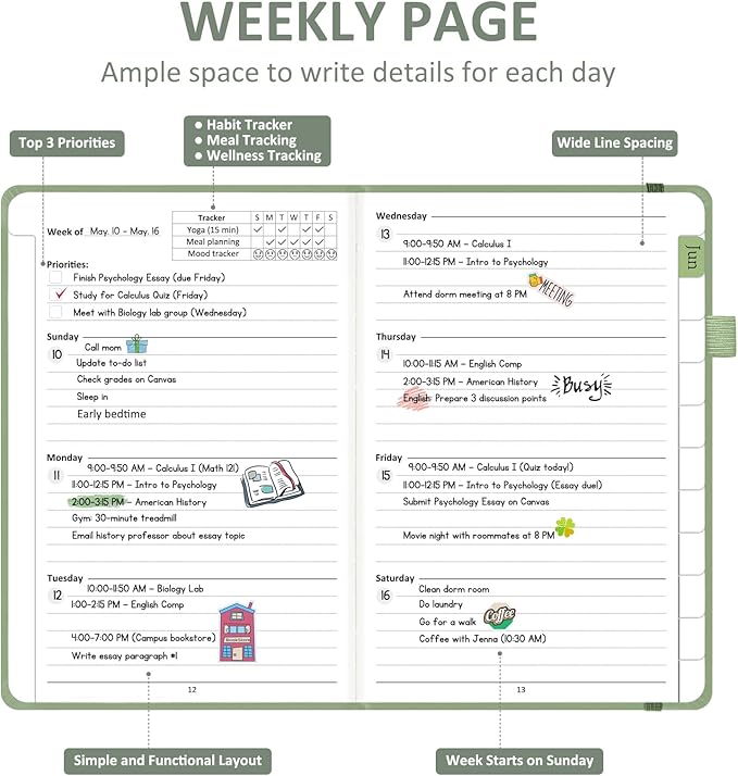 Comkiso Undated Weekly and Monthly Planner with Adhesive Tabs, A5 Dateless Academic Planner for Women & Men Daily Planning, Hardcover Leather All In One Planner for Home School Work Organizer (Green)
