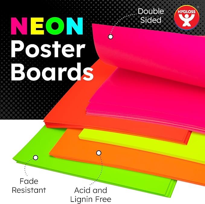 Hygloss Medium Poster Board 22x28 - 50 Assorted Neon Color Bulk Pack - 10 Pt. Thickness Colored Poster Board Paper for Projects, Signs, Displays - Posterboard Multipack 22" x 28"