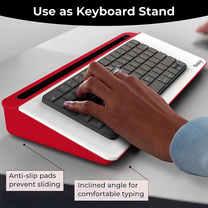Chalkola Red/White Glass Desktop Whiteboard with Storage - Dry Erase Board, Work Desk Organizers, Computer Keyboard Stand, Home Office Desk Accessories, Workspace Desktop Buddy