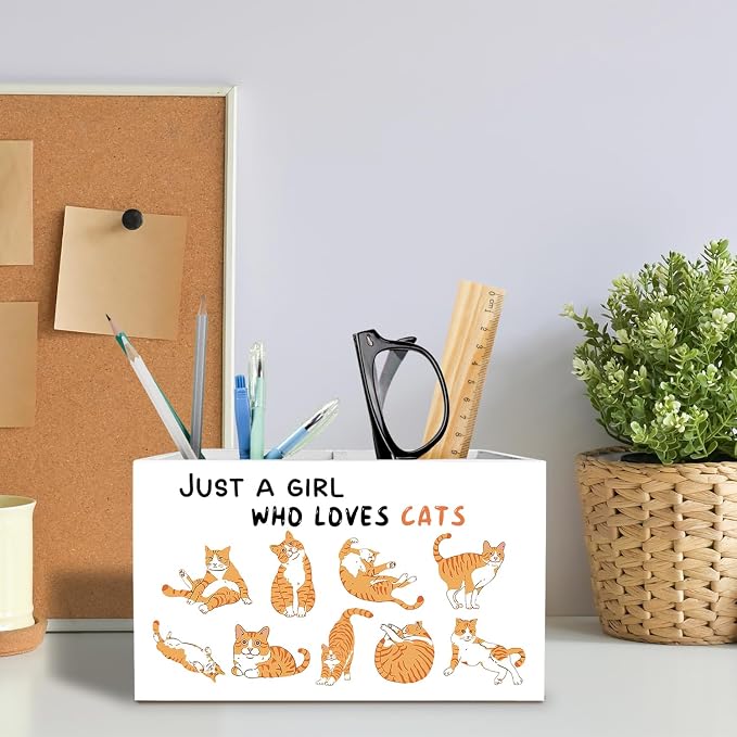 Cute Orange Cat Pen Holder for Desk, Cat Lover Mom Lady Owner Gifts Pencil Organizer, Just a Girl Who Loves Cats Wooden Box Sign Desk Decor for Girls Room Home Office Decoration