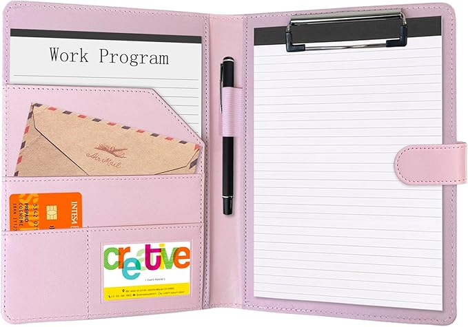 Padfolio Portfolio Binder, Leather Clipboard Folder Briefcase Loose-Leaf Binder with Cover Brown Folder with Pockets Resume Folder for Business Office Meeting Men Women's Business (A5, Pink)