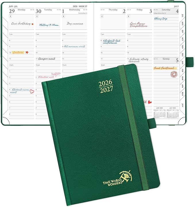 POPRUN 2026-2027 Academic Planner, 6.5" x 8.75", Weekly and Monthly Calendar, July 2026 to June 2027, Hardcover Appointment Book with Verital Layout, Hourly Time Slots, Monthly Tabs - Dark Green