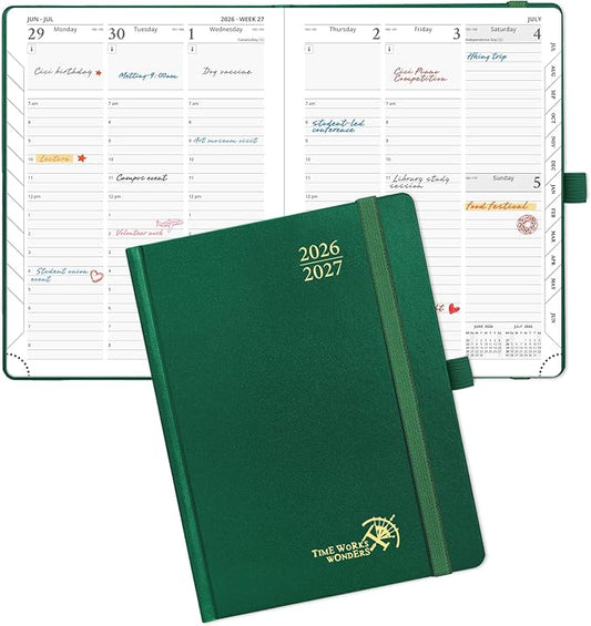 POPRUN 2026-2027 Academic Planner, 6.5" x 8.75", Weekly and Monthly Calendar, July 2026 to June 2027, Hardcover Appointment Book with Verital Layout, Hourly Time Slots, Monthly Tabs - Dark Green