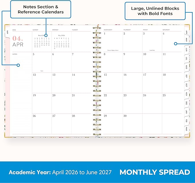 Blue Sky 15 Month 2026-2027 Weekly and Monthly Academic Year Planner Calendar, April 2026 - June 2027, 8.5" x 11", Hard Cover, Wirebound, Laminated Tabs, Storage Pocket, Includes Snap-in Ruler w/Sticky Notes & Sticker Sheet, Londonberry White
