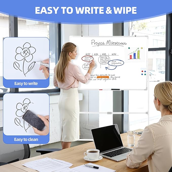 hatleues Magnetic Whiteboard with Stand- 36" x 24" Double-Sided Rolling White Board Mobile Dry Erase Board on Casters for Office, Classroom, Home & Presentations (40 x 28 Inch)