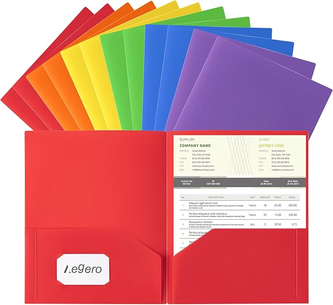 Aegero Plastic Folders with Pockets (12 Pack, Assorted Colors), Durable Heavy Duty File Folders with Business Card Slot, 2-Pocket Folder for Schoolwork & Office,Letter Size…