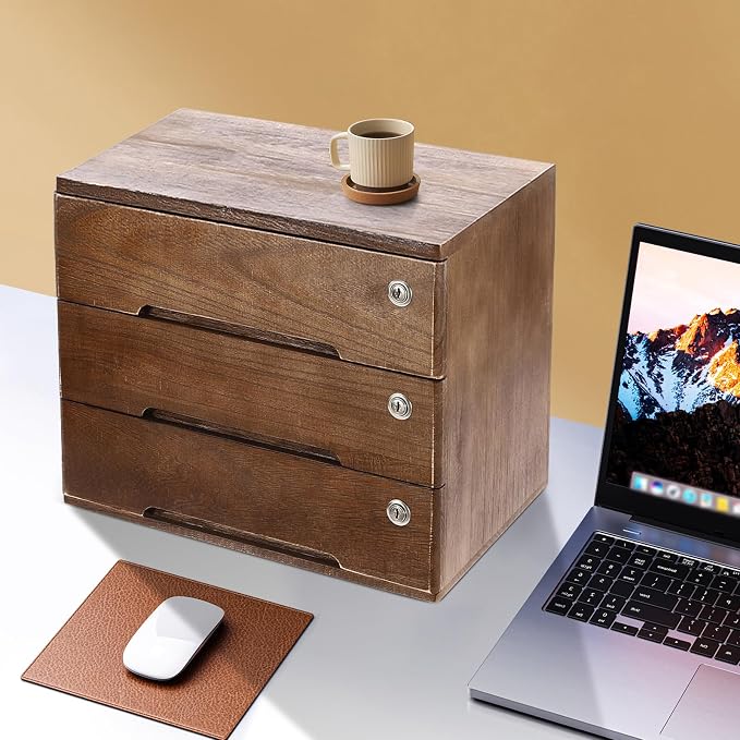Wooden Desktop Storage Cabinet with 3 Lockable Drawers, Office Desk File Organizer, Small Wooden Drawer Storage Box for Home Office Supplies, Sewing Kits,Vanity, Walnut Color