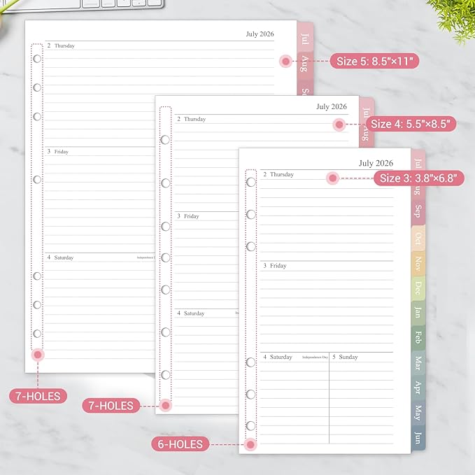 2026-2027 Weekly & Monthly Planner Refill, 3.8"x6.8", A6 Small Size Planner Inserts with Colorful Monthly Tabs, Size 3, July 2026 - June 2027, 6-Hole Punched
