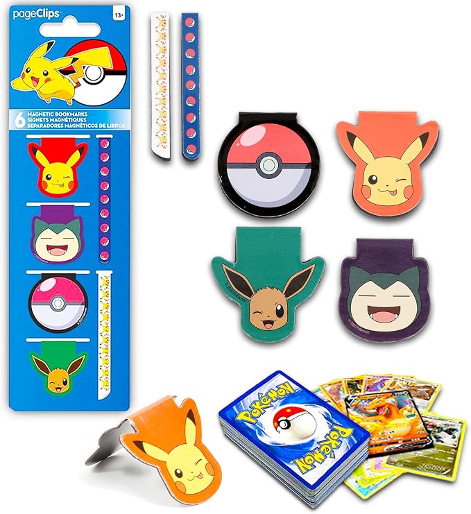 Pokemon Page Clips Set - Bundle of Pickachu School Supplies with 6 Magnetic Bookmarks Plus Pokemon Cards | Pikachu Office Supplies for Kids