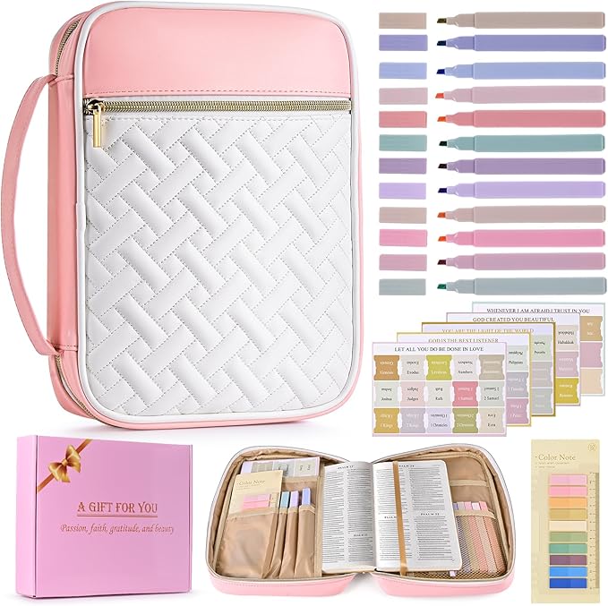 Bible Cover Case for Women, Quilted Large PU Leather Bible Carrying Book Case with Handle, Bible Bag Study Supplies Bible Carrier & Christian Gift for Women (Pinkish White)