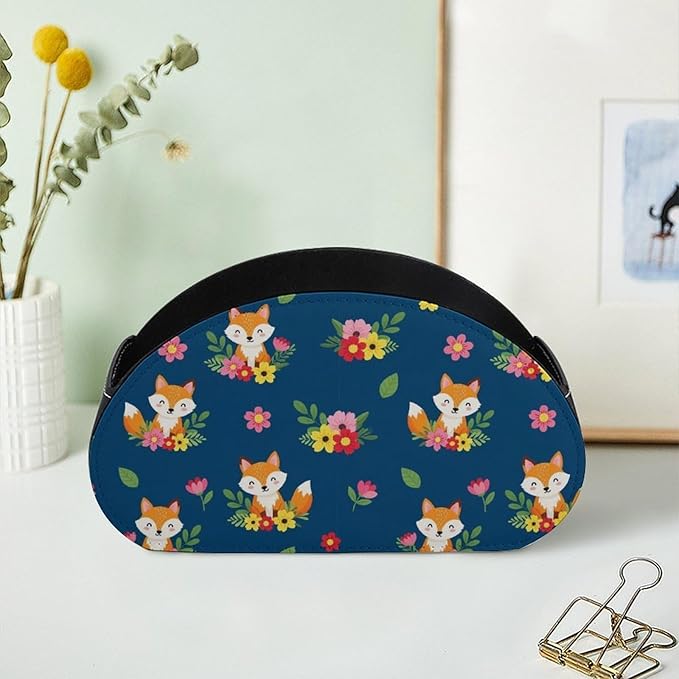 Remote Control Box with 5 Compartments, PU Leather Storage for Media Players, TV Remotes, and Bedside Table, Cute Fox