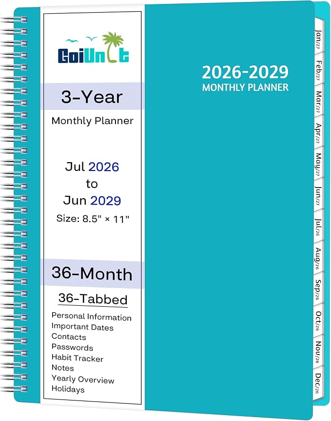 Monthly Planner 2026-2029, 36 Months Calendar Planner 2026-2029 from Jul 2026 – Jun 2029, 8.5'' x 11'' with Ruled Spread, Flexible Cover, Spiral Wirebound, Pocket, Coated Tabs, Notes ＆ Habit Tracker