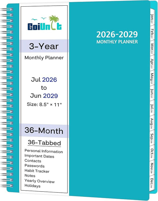 Monthly Planner 2026-2029, 36 Months Calendar Planner 2026-2029 from Jul 2026 – Jun 2029, 8.5'' x 11'' with Ruled Spread, Flexible Cover, Spiral Wirebound, Pocket, Coated Tabs, Notes ＆ Habit Tracker