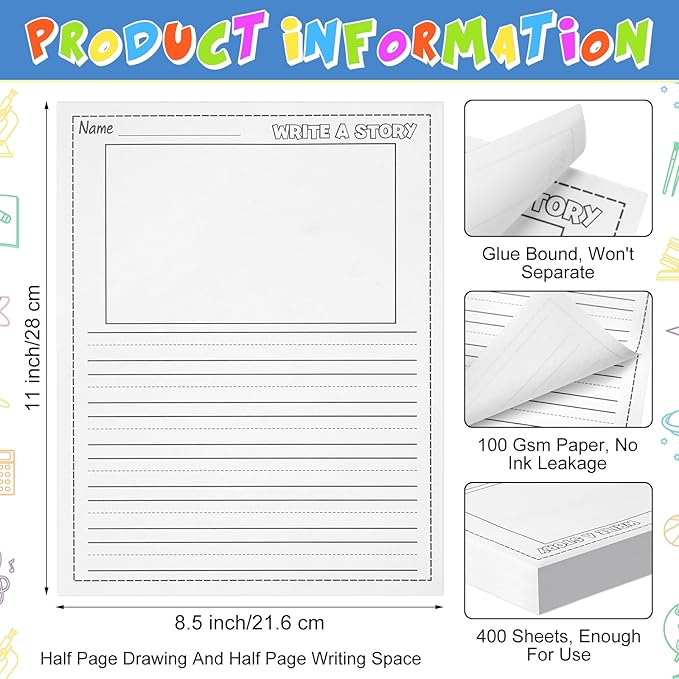 400 Sheets Writing Beginner Paper for Kids Create Story, 8.5"x11" Handwriting Paper Bulk with Picture Space and Lines DIY Craft Writing Kit for Kids Journal Activity, Easter Gifts