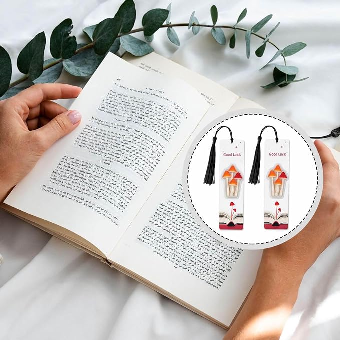 Mushroom Bookmarks Set 5 with Tassels Orange Red Luck Wooden Bookmarks for Reading Women Men Students Teachers School Supplies
