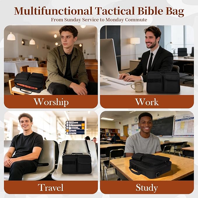 Tactical Bible Cover for Men, Bible Carrying Case with Multiple Pockets & Top Handle & Shoulder Strap & MOLLE System, Bible Bag for Church, Study, Travel, Bible Protector and Christian Gift (Black)