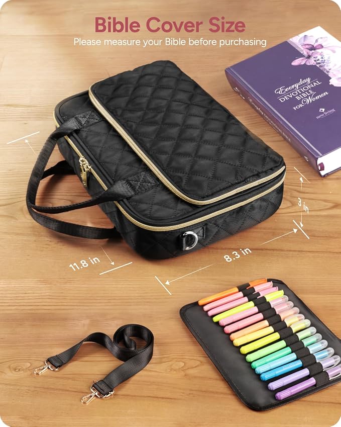 BellaHold All-in-One Bible Journaling Kit – Quilted Bible Cover Case for Women, 31 Highlighters, 75 Tabs, Bible Study Supplies & Christian Gift for Women and Teens (Shoulder Strap, Black)