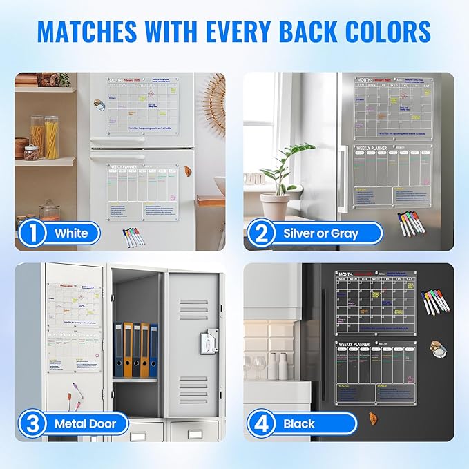 Magnetic Acrylic Calendar for Fridge, 2 Pack Clear Dry Erase Board for Refrigerator, Monthly Planner and Weekly Planner with 8 Colorful Markers, Meal Planner Menu Board for Fridge -14.5''*11.5‘’