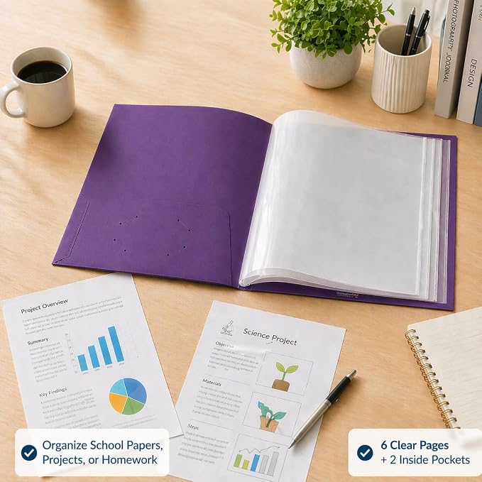Ultra PRO - 50 Pack Purple Heavy Duty 2-Pocket Folders with 6 Clear Internal Pages, Waterproof Poly Project Organizer for School and Office, Fits 8.5 x 11 Letter Size, Customizable Clear Covers