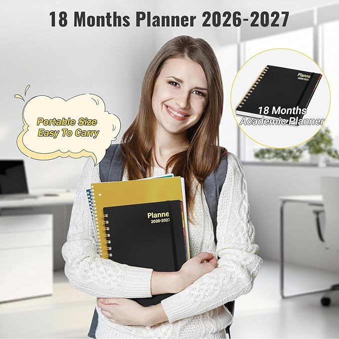 Daily Planner 2026-2027, 18 Month Planner with Tabs, January 2026 - June 2027 Weekly and Monthly Agenda Year Calendar Spiral Time Management, 100GSM Thick Paper, Twin-Wire Binding, A5 Size, Black