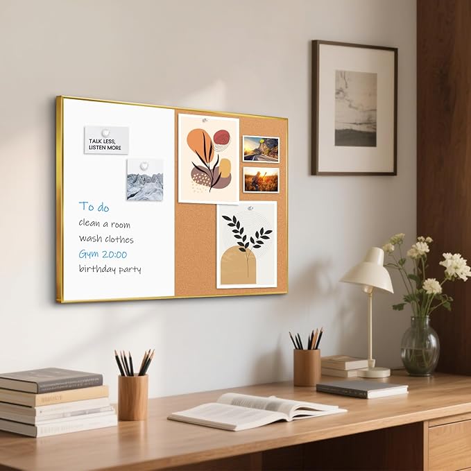 White Board Cork Board Combo, 24'' x 18'' Magnetic Dry Erase Board and Bulletin Board, Gold Aluminum Frame Vision Board Message Board for Home Office School Dorm