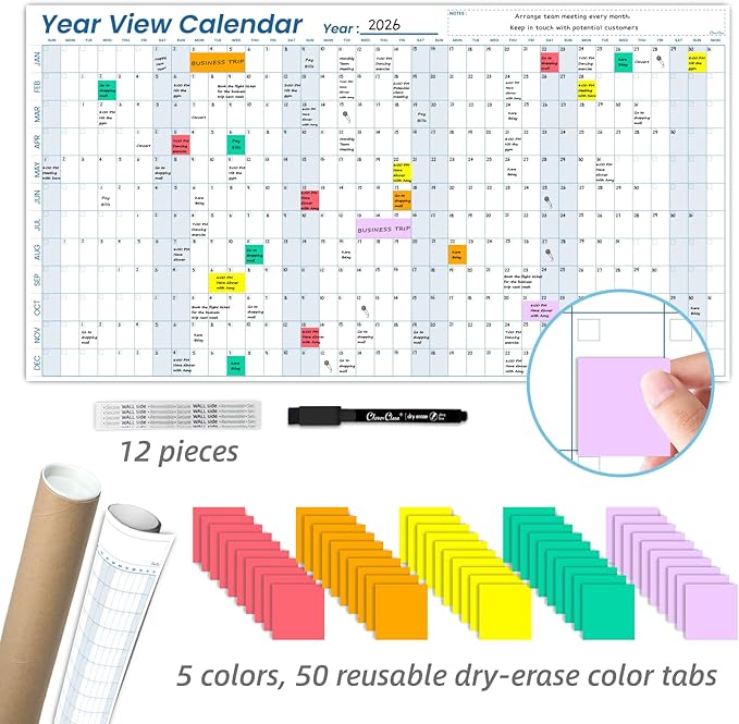 Large Dry Erase Wall Calendar - 24"x 45" Undated 12-Month Yearly Wall Calendar for Home, Office, Classroom - 50 Reusable Dry Erase Color Tabs Included