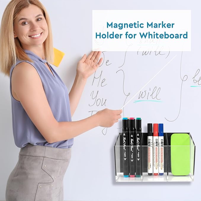Magnetic Pen Holder, Acrylic Dry Erase Marker Holder, Large Capacity Pencil Holder for Whiteboards, Fridge, Lockers Office School Supplies (Clear & 3 Compartments)