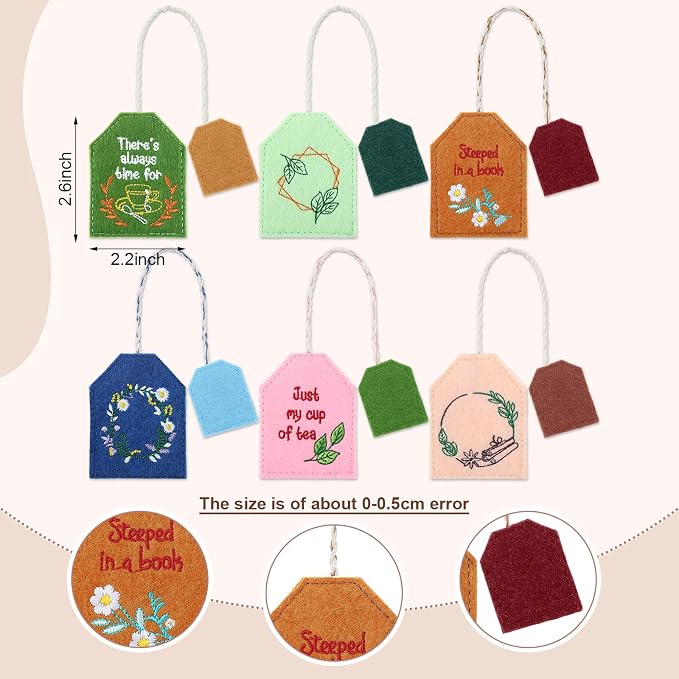 Honoson 6 Pcs Simple Tea Bag Bookmarks Tea Party Favors Garden Design Christmas Gift Bookmarks Cute Hand Embroidered for Women Mom Mother's Day Book Reading Lovers Gift