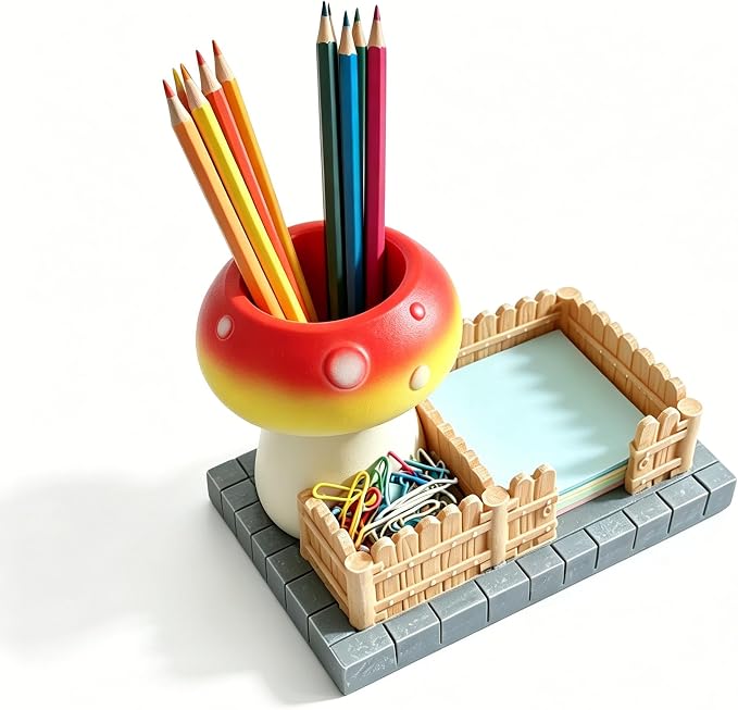 Mushroom Desk Organizer Resin 3 Compartments Pen Holder Cute Office Desk Accessories with Sticky Note Paperclip Holder for Home School Office Decor