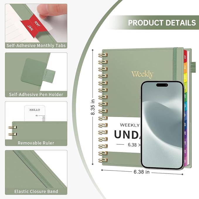 EMSHOI Undated Planner, Weekly and Monthly Calendar, 53 Weeks and 12 Months, A5 (6.38" x 8.35"), 100GSM Thick Paper, PVC Cover, Monthly Tabs, Note Pages, Start Anytime