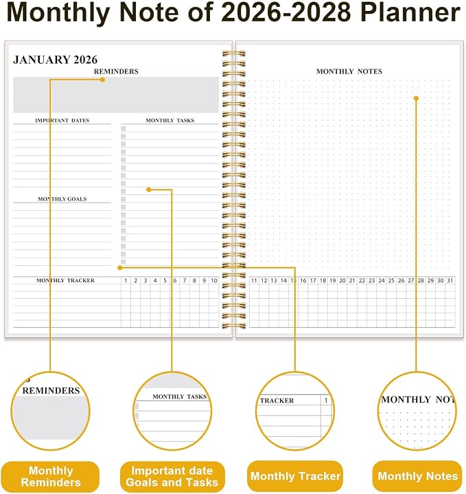 2026-2028 Monthly Planner, 3 Years Calendar from April 2026 - December 2028 with Spiral Binding, Inner Pocket, Elastic Closure, 33 Month Planner for Home | School | Office, 8.5" x 11", Green Gold Leaf