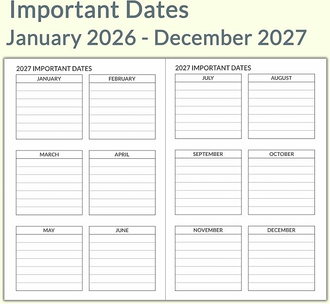 A5 Calendar Planner Jan 2026 - Dec 2027, Travelers Notebook Inserts for 2 Years, Monthly Calendar & Important Dates & Line & Dotted, 100gsm Paper, 8.3 x 5.5 in, 1pcs