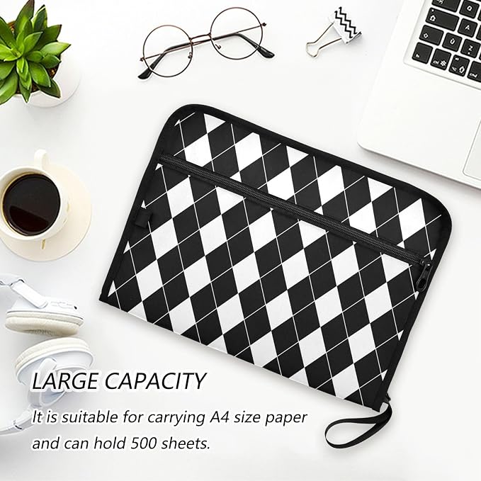 Black White Harlequin Pattern Accordion File Organizer Expanding Document Folder with 13 Pockets Portable File Folder for A4 Letter Size