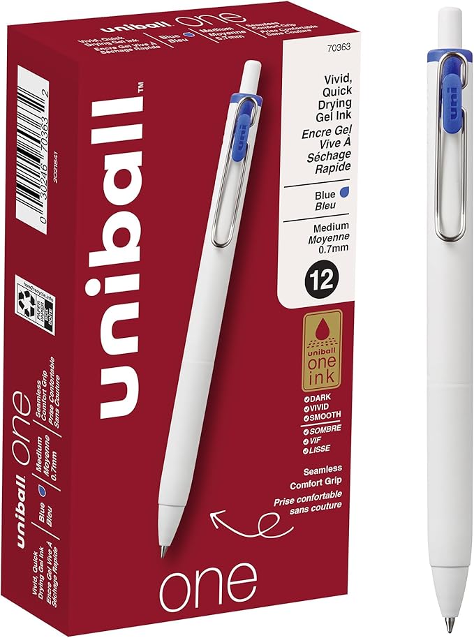 uniball one Retractable Gel Pens, Medium Point (0.7mm), Blue Ink, 12 Pack