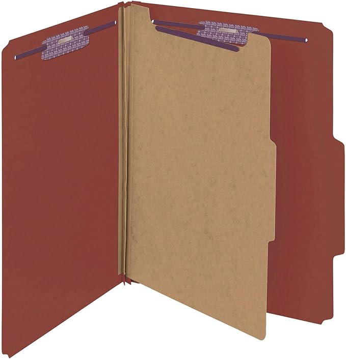 Smead Pressboard Classification File Folder with SafeSHIELD Fasteners, 1 Divider, 2" Expansion, Letter Size, Red, 10 per Box (13775)