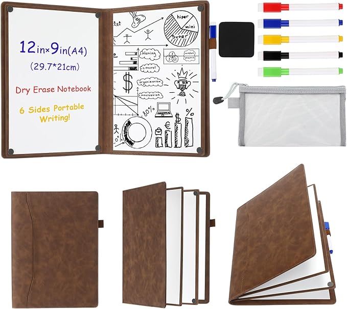 Feifeiya 6 Sides Dry Erase Notebook Portable White Board 12"x9"(a4) Travel Dry Erase White Board Notebook Foldable Anti-ghosting Surface for Office, School, Study, Travel & Business Meeting Planning