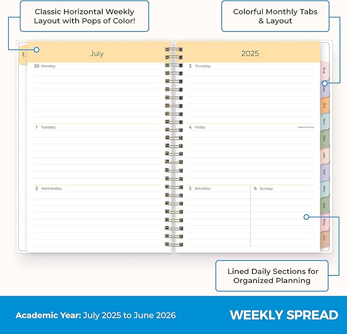 Blue Sky 2025-2026 Weekly and Monthly Academic Year Planner Calendar, July 2025 - June 2026, 5.8" x 8.6", Flexible Cover, Wirebound, Laminated Tabs, Storage Pocket, Borealis