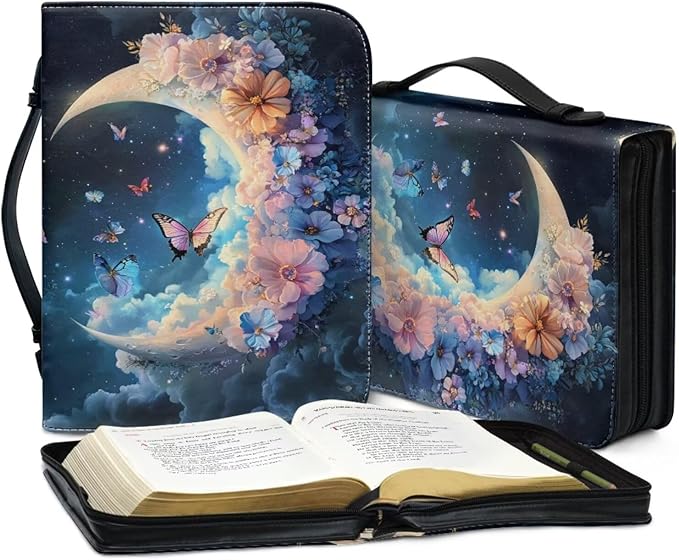 Cute Butterfly Bible Cover Case for Women Moon & Flower Bible Book Carrying Case with Handle Fits for Standard Size Bible Accessories-Size L