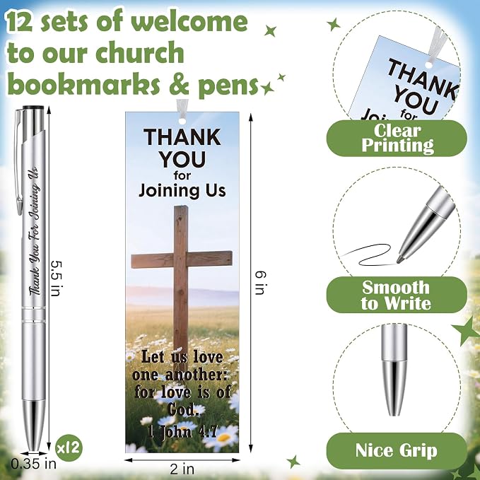 Dispowreath 48 Pcs/24 Sets Welcome to Our Church Gifts 24 Pcs Thank You for Joining Us Ballpoint Pens 24 Pcs 1 John 4: 7 Church Cross Flower Bookmarks Religious Brochure Favors for Women Men Visitor