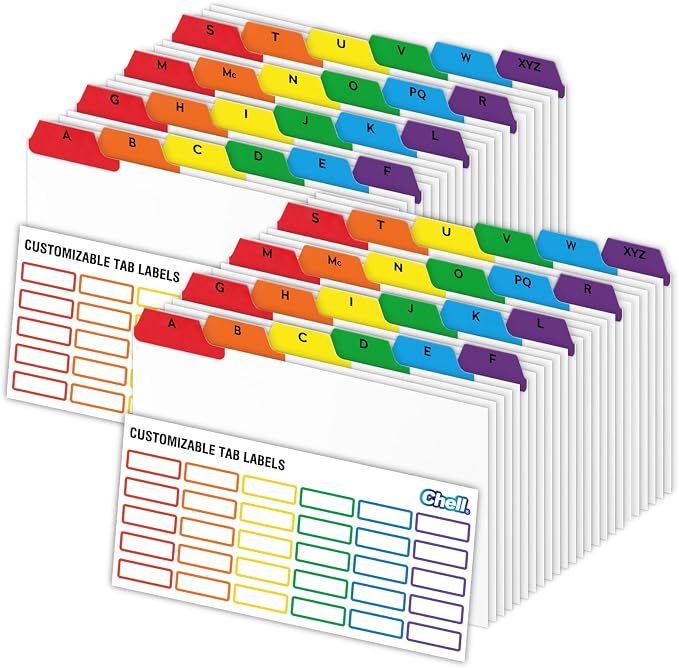 Chell 5x8 Index Card Dividers, Heavyweight A-Z Tabbed Guides, 110 lb. Cover Weight, with Blank Stickers, 2 Sets