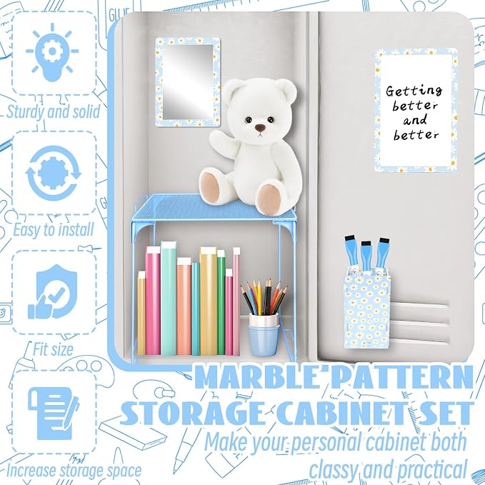 Denylo pro Magnetic Locker Accessories Kit Sky Blue Back to School Essentials Locker Organizer Supplies Include Mirror Whiteboard Pen Shelf Pencil Case Magnet Back to School Essentials