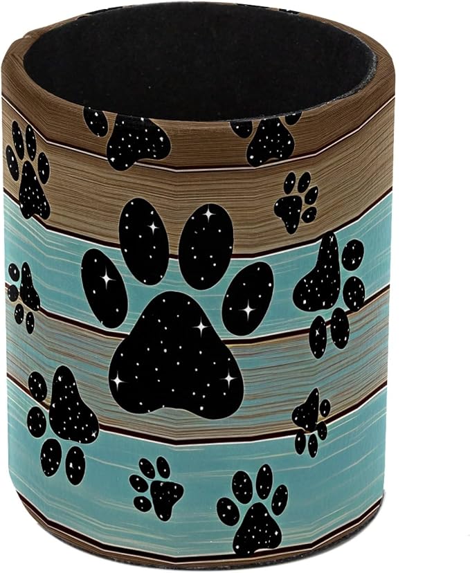 Teal Brown Wood Grain Galaxy Paws Pen Holder Pencil Organizer Cute Pencil Cup Desk Decor Makeup Brush Holder PU Multifunctional Office Supplies for Home Classroom School