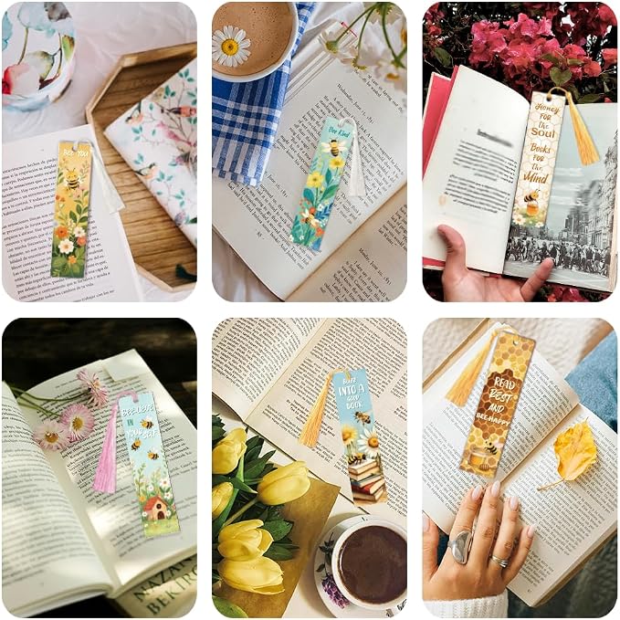 Peacoblue 30pcs UV DTF Bookmarks Transfer Stickers Wraps Bees and Flowers for Women Men Reading, Waterproof Bookmarkers Decal(No Blank Bookmarks) for Acrylic Plastic Metal Blank Bookmark