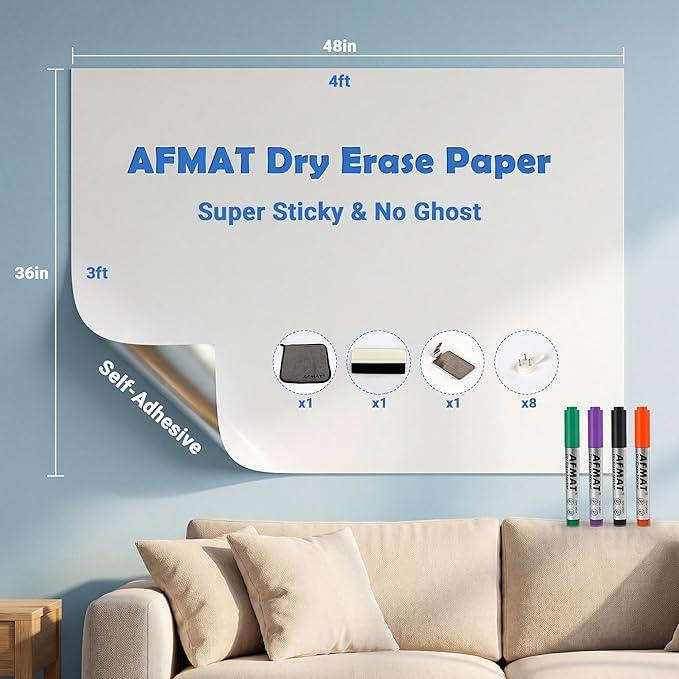 AFMAT White Board Dry Erase Paper, 48" x 36" Whiteboard Wallpaper, with 4 Markers, Stain-Proof & Super Sticky, No Ghost, 4' x 3' Peel and Stick Dry Erase Board Paper Roll for Wall/Home/Office