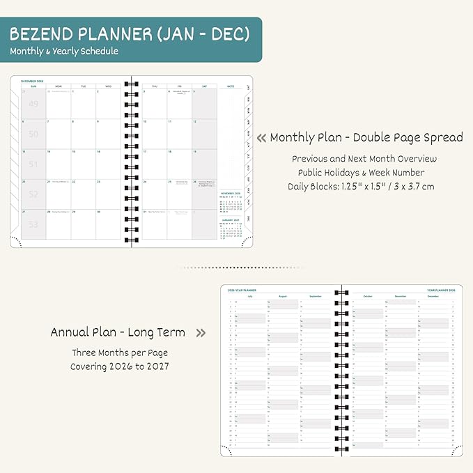 BEZEND 2026 Planner Weekly and Monthly (6" x 8.5" Spiral) Daily Calendar with Hourly Timeslots & Tabs (Jan-Dec) Note & Expenses, Pen Holder, Inner Pocket, Vegan Leather Softcover - Sky Blue