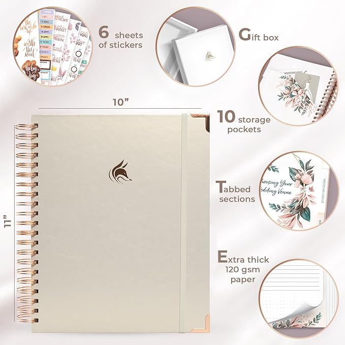 Clever Fox Wedding Planner – Notebook Organizer for Bride – Wedding Planning Binder Book with Pockets – Engagements Gift, 10x11″ (Pearl)